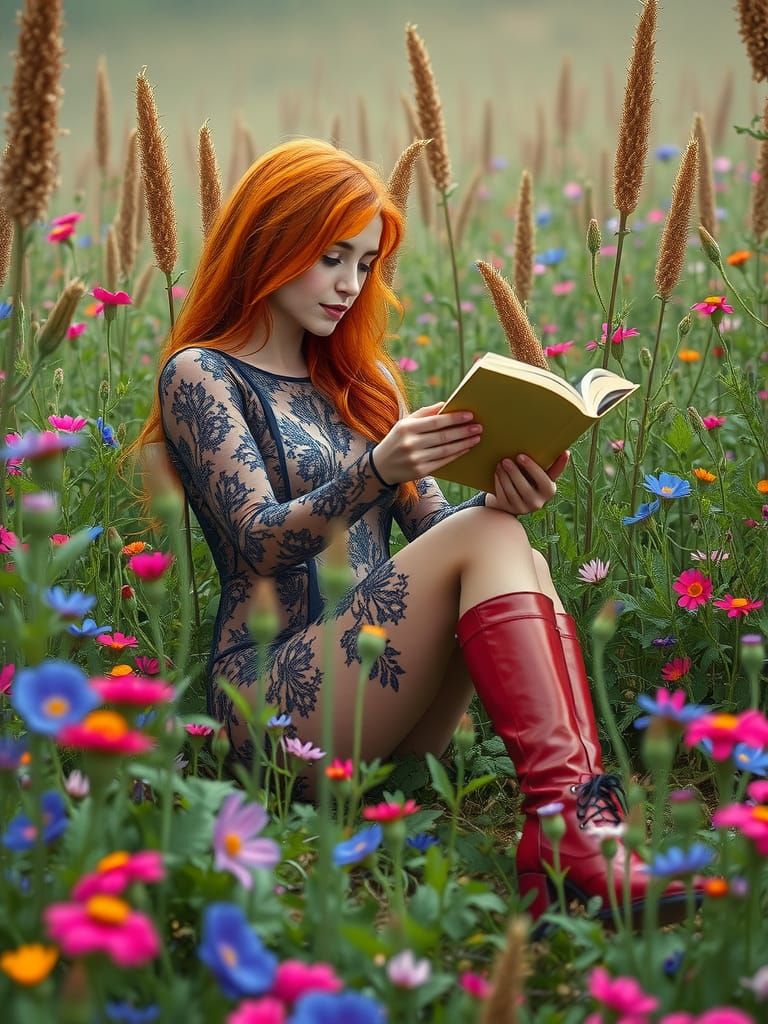 Woman Reading in Cornflowers, Romantic Realism Style