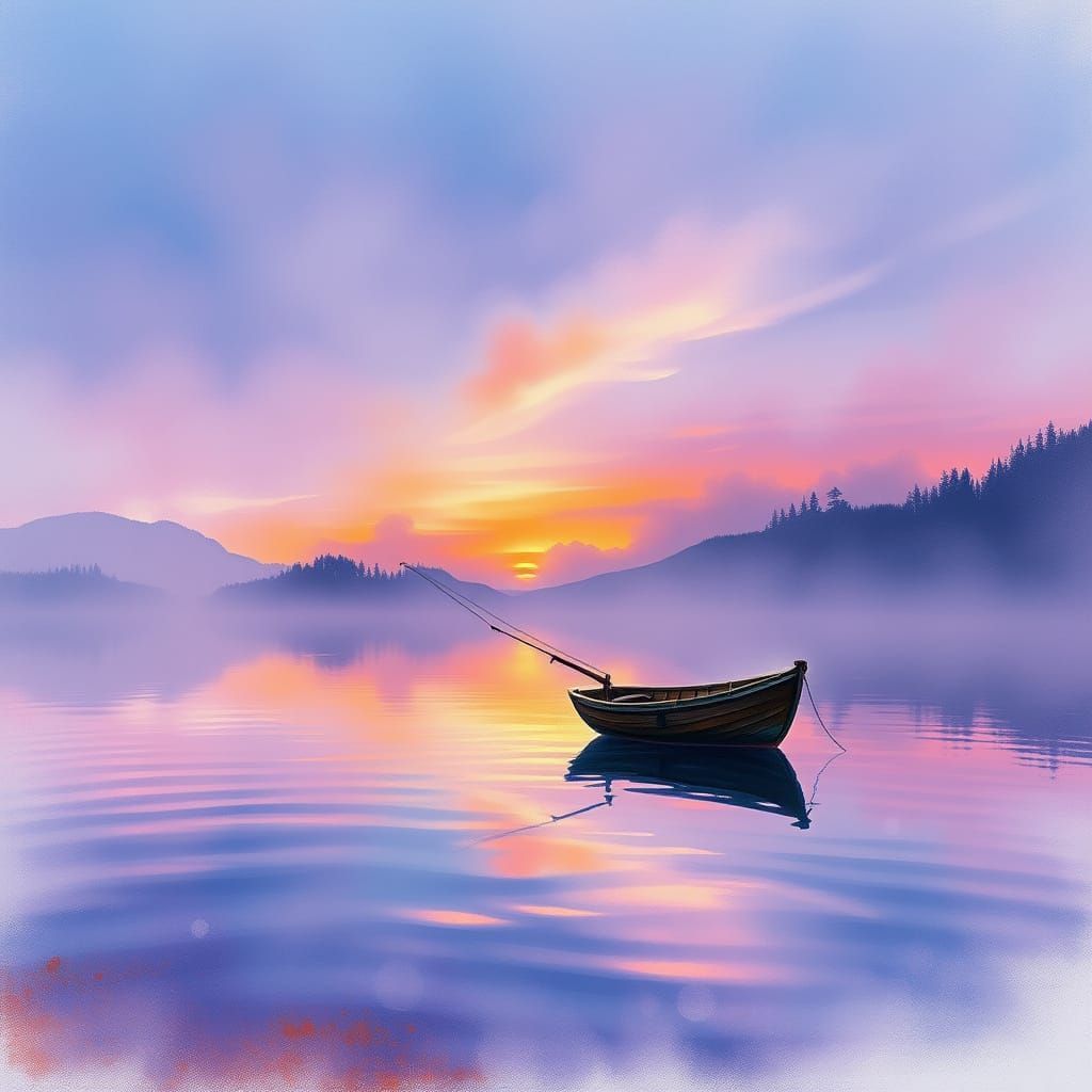 Whimsical Watercolour Fantasy Lake Scene with Fishing Boat