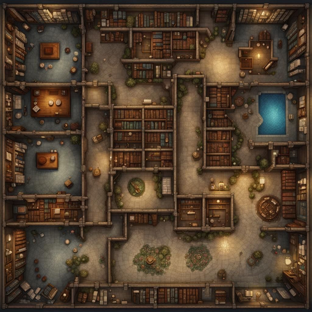 Fantasy Library Battlemap for D&D in Top-Down View
