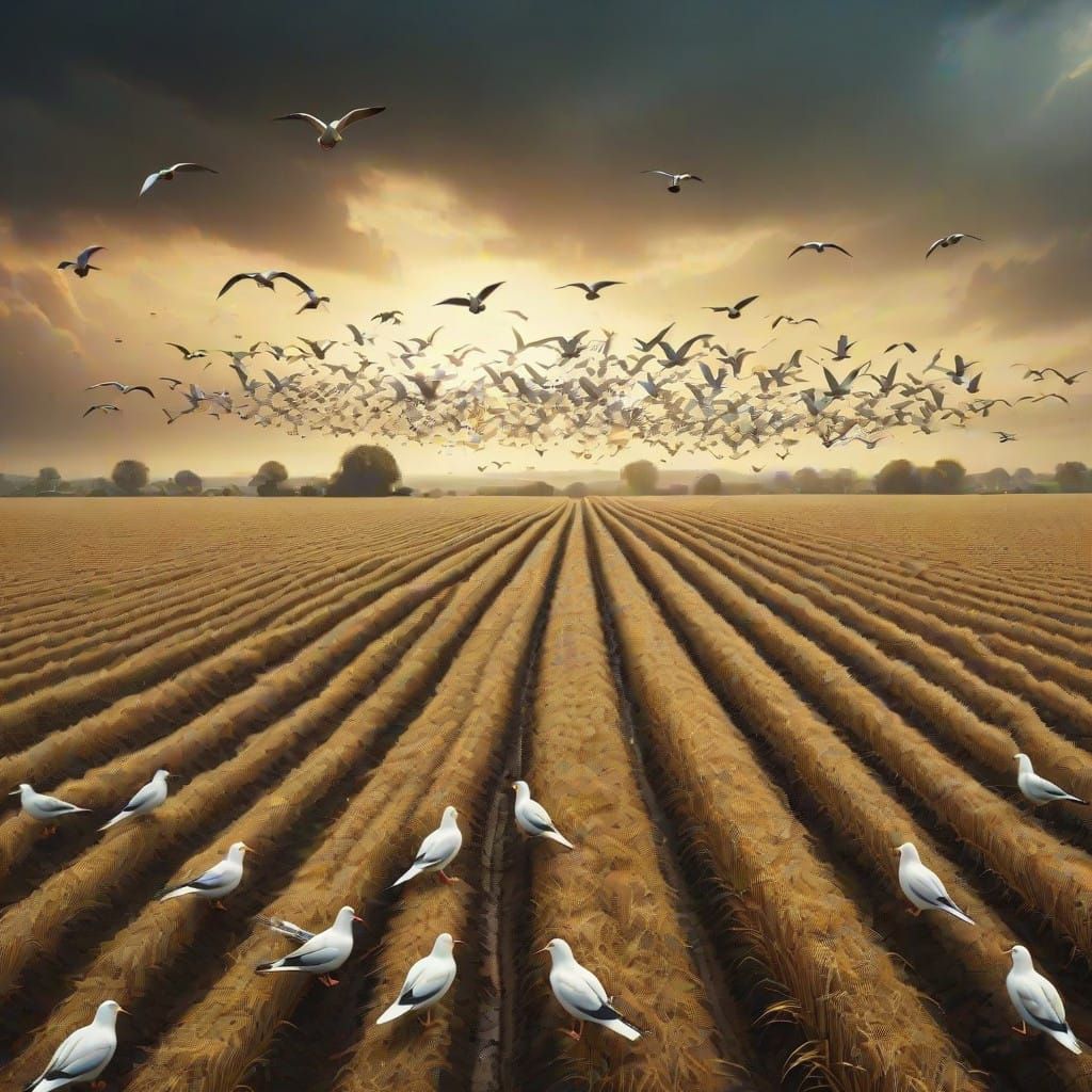Seagulls Feast in Vibrant Harvest Scene, Digital Matte Paint...