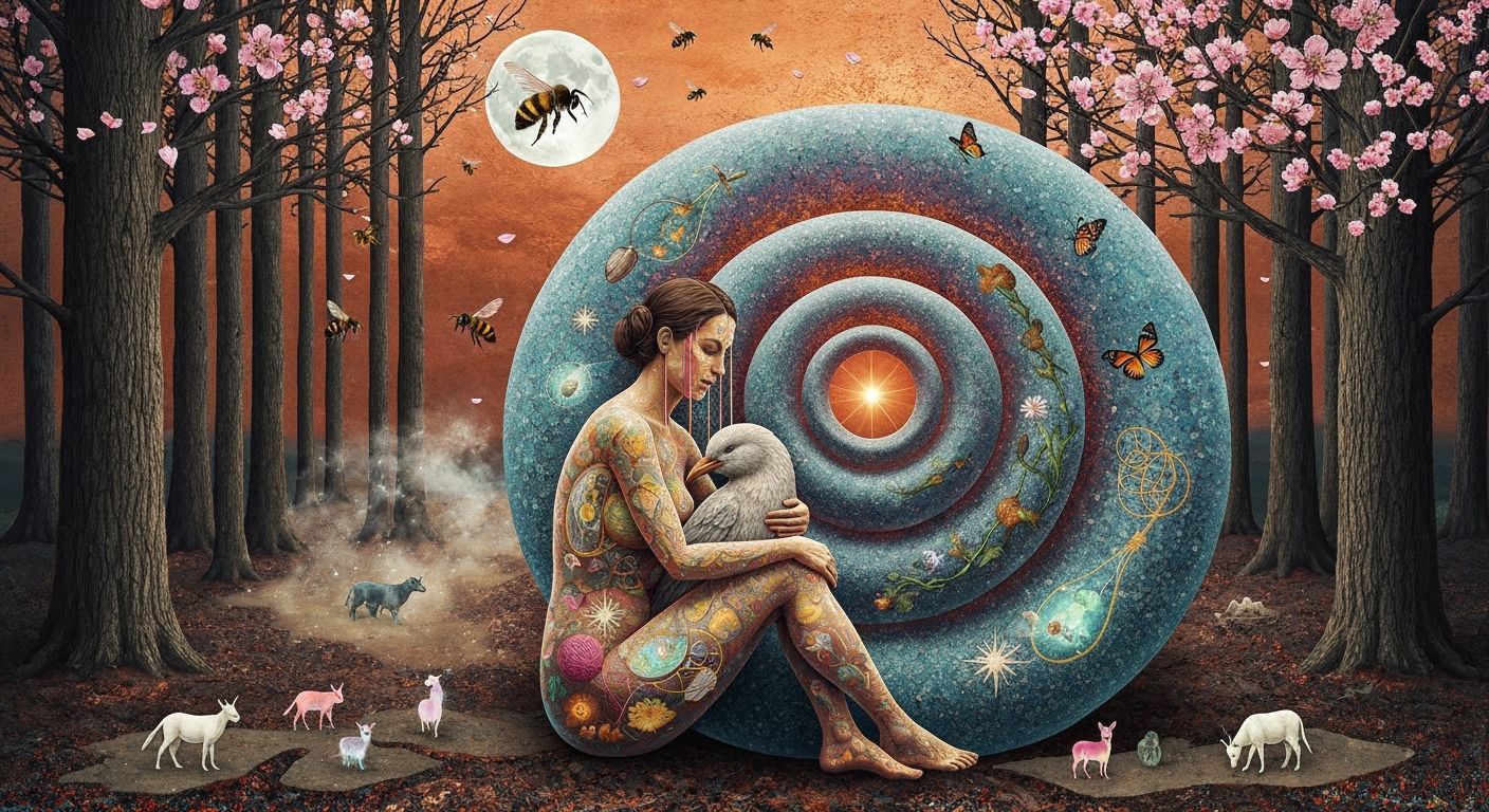 Surreal Bio-Art Collage of 1970s Sculptor in Spiral Creation