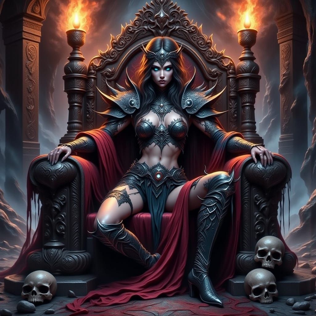 Drow Queen on Skull Throne, Dark Fantasy Art