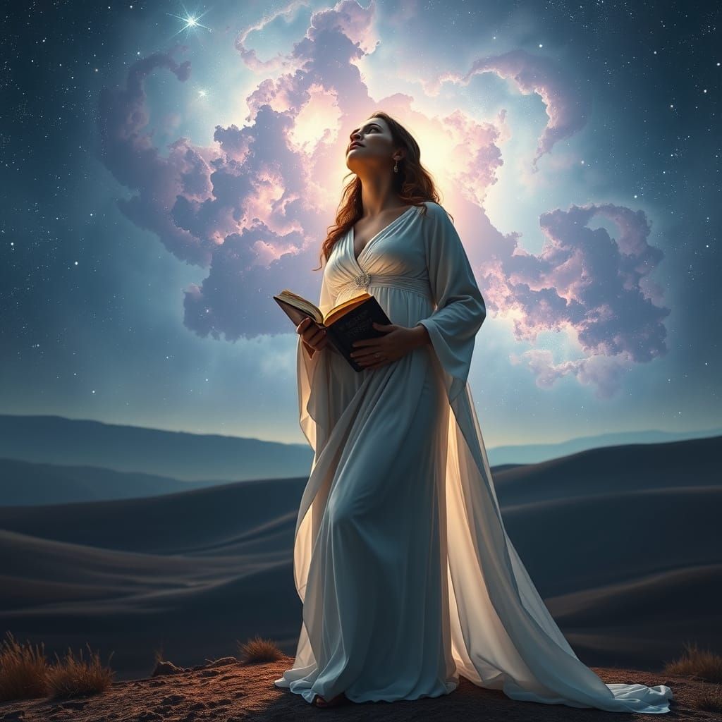 Pregnant Woman Gazes at Nebula on Hilltop