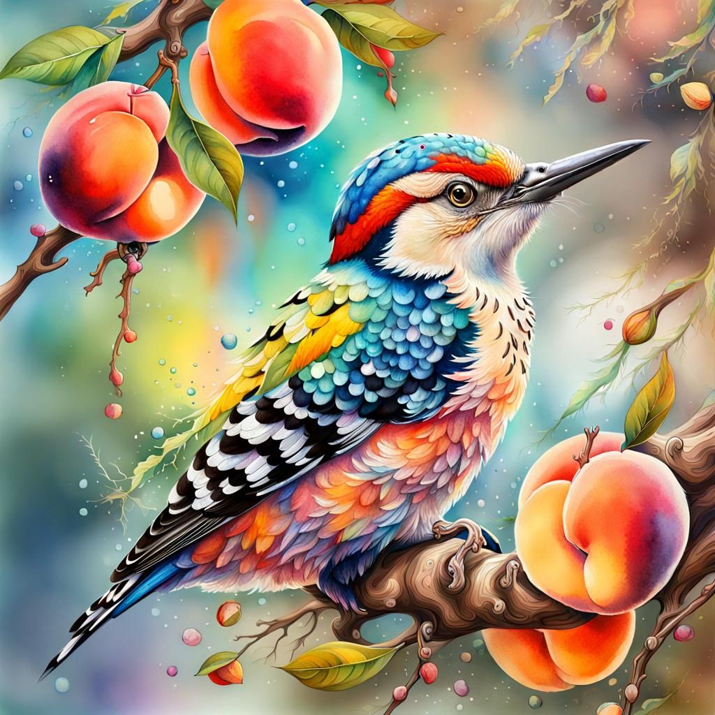 Colorful Woodpecker with Peaches in Watercolor Style