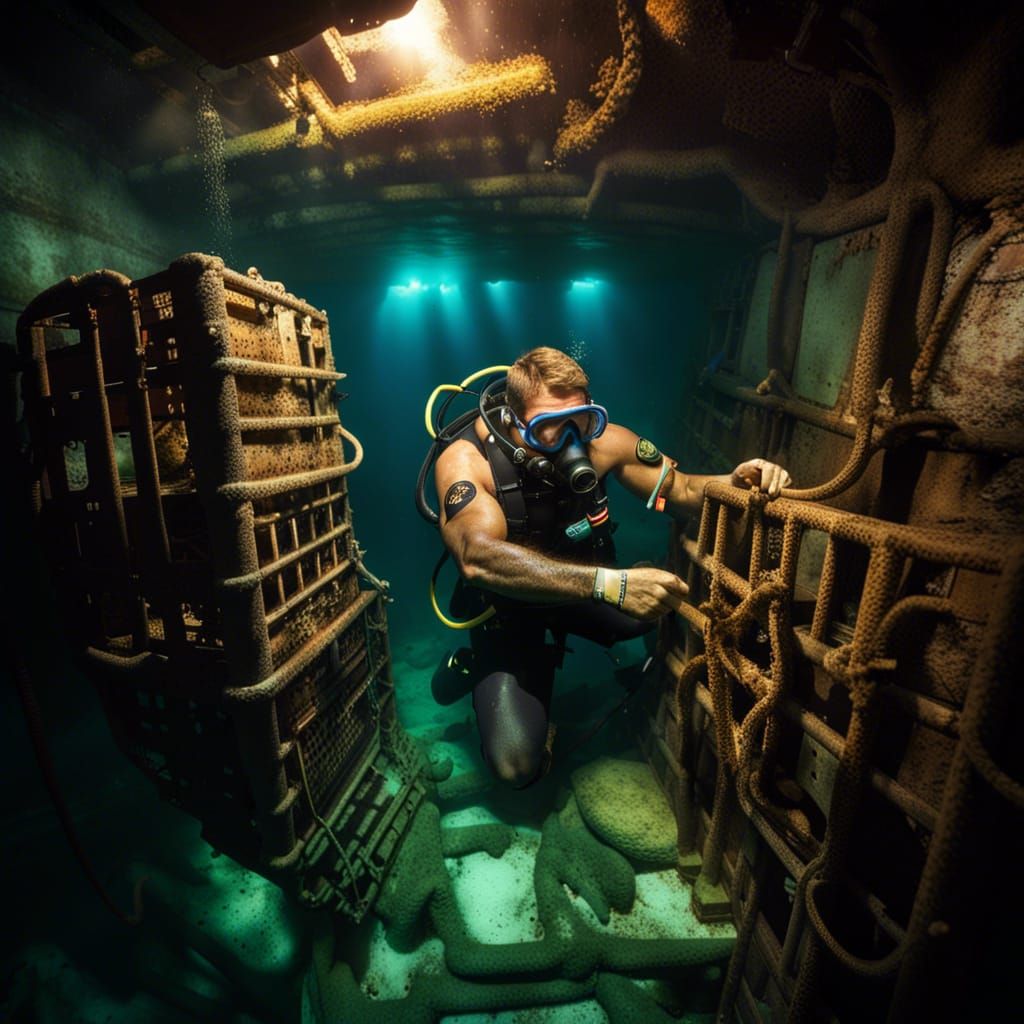 Muscular Diver Exploring Sunken Ship with Steampunk Car