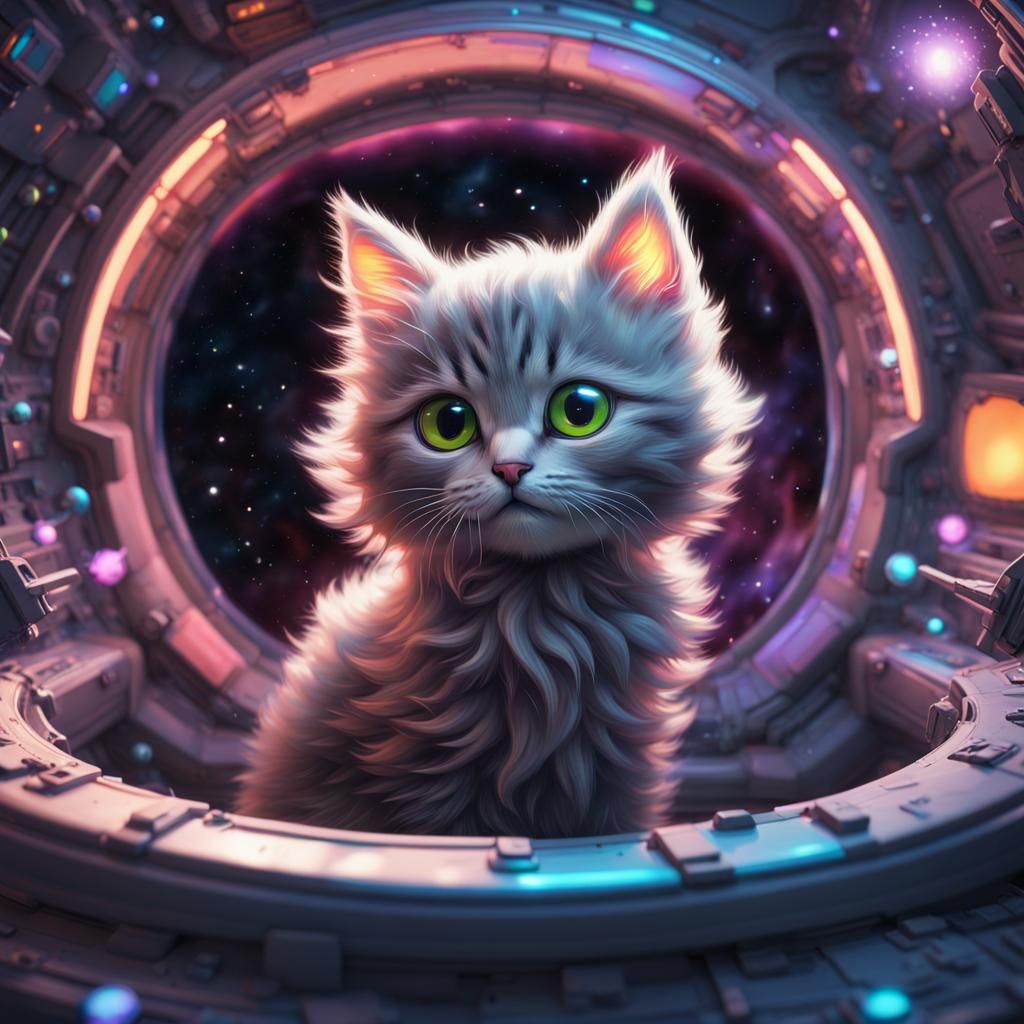 Neon Kitten Piloting Spaceship in Splash Art Style