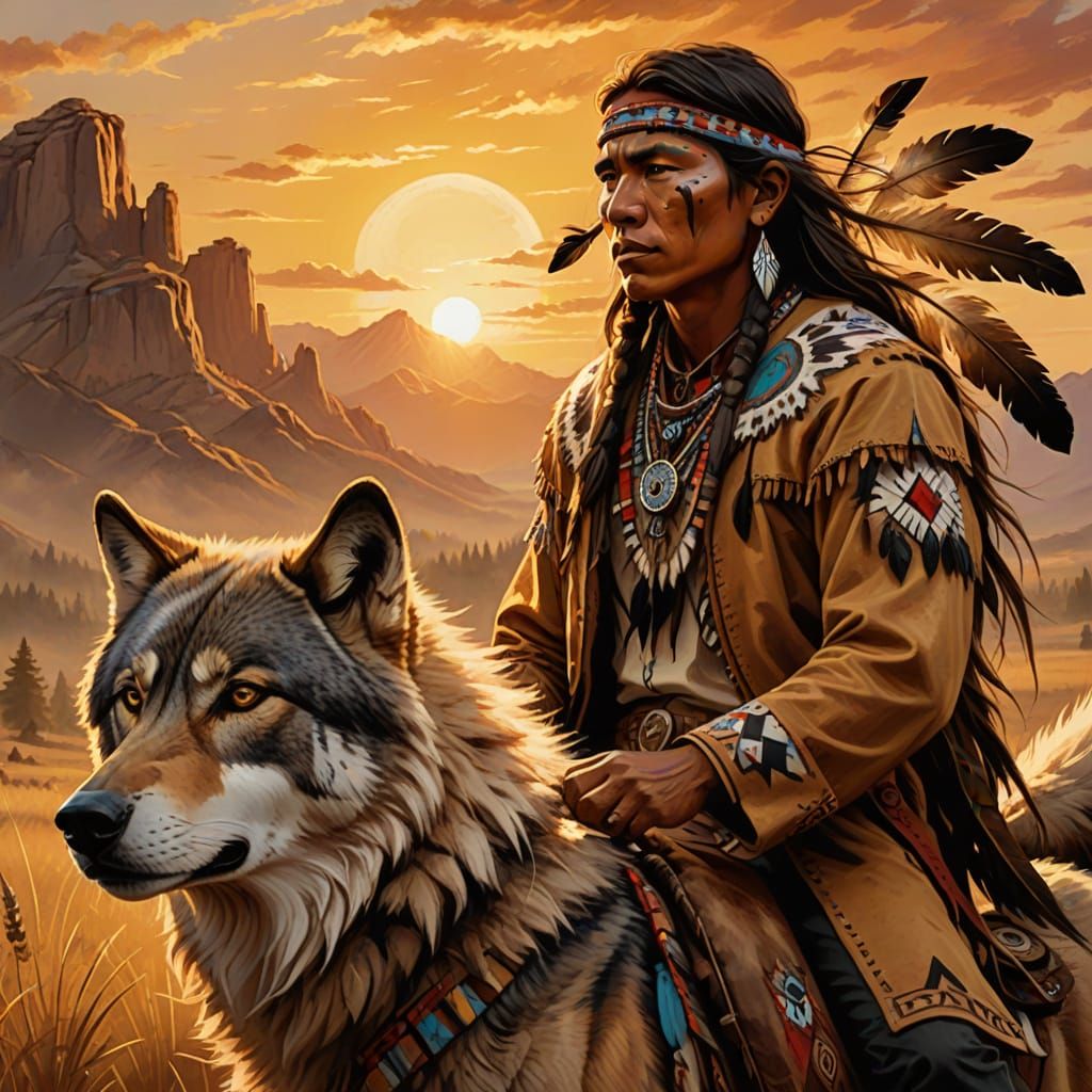 Native American Rider and Spirit Wolf Digital Painting