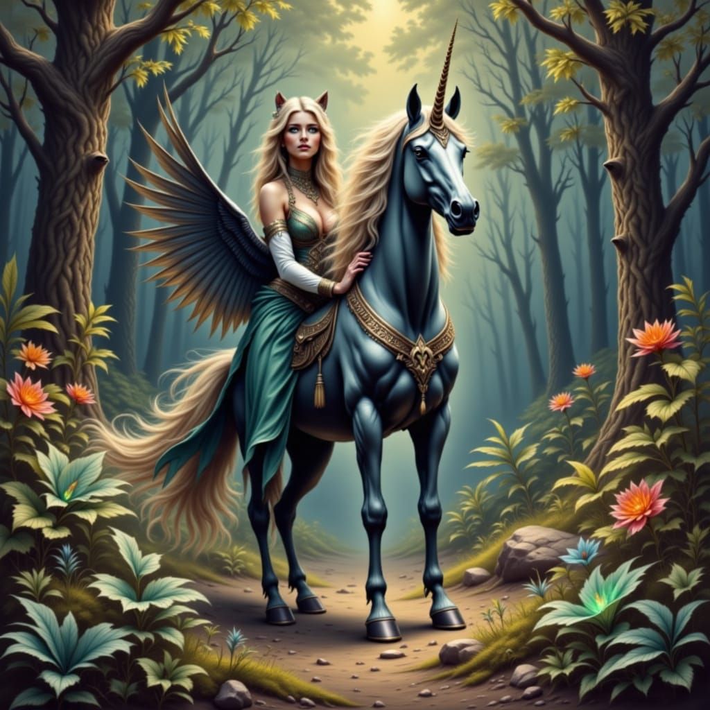 Feminine Centaur with Unicorn Horn in Ethereal Light