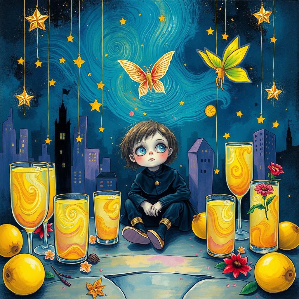 Goth Child in Cosmic Lemonade City, Crayon Style