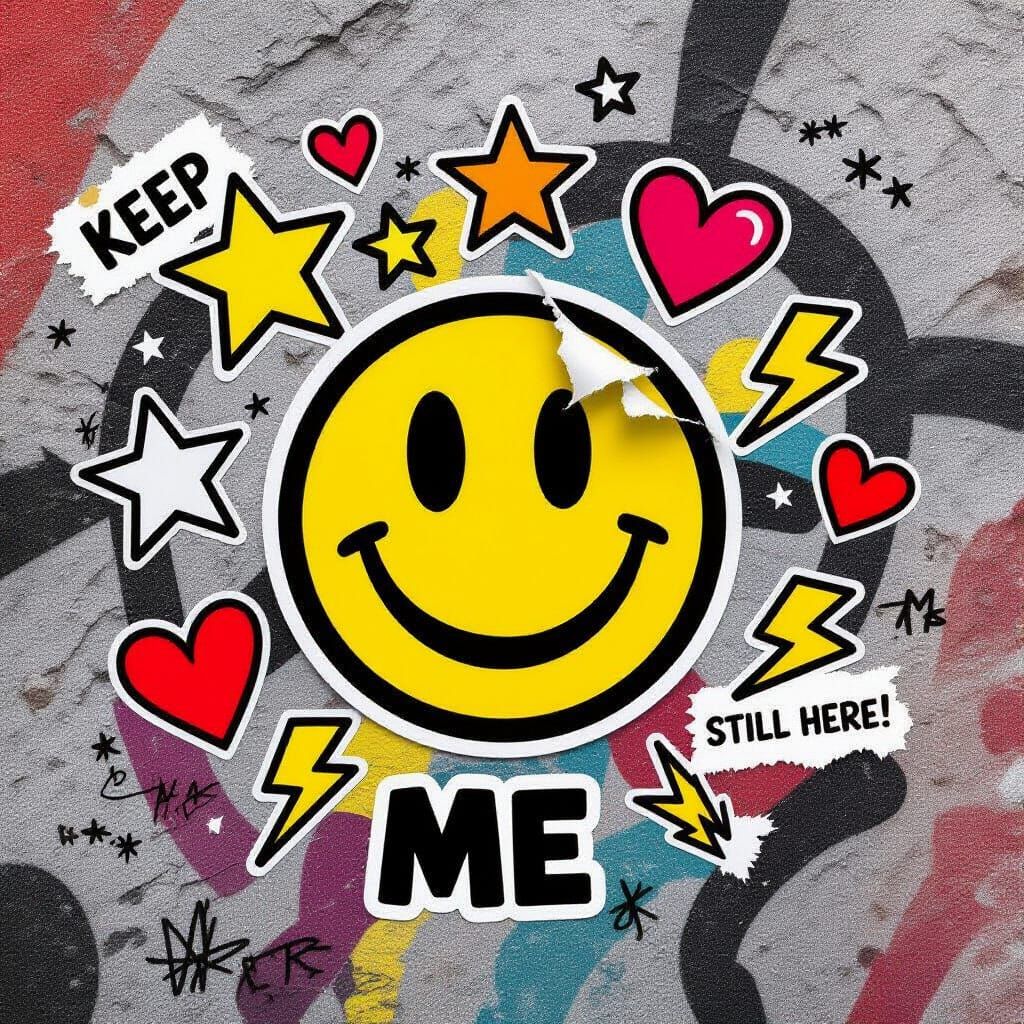 Vibrant Pop-Art Sticker Collage on Graffiti Wall