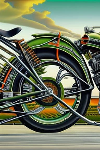 Olive Green Motorcycle with Long Forks in Hyperrealism Style