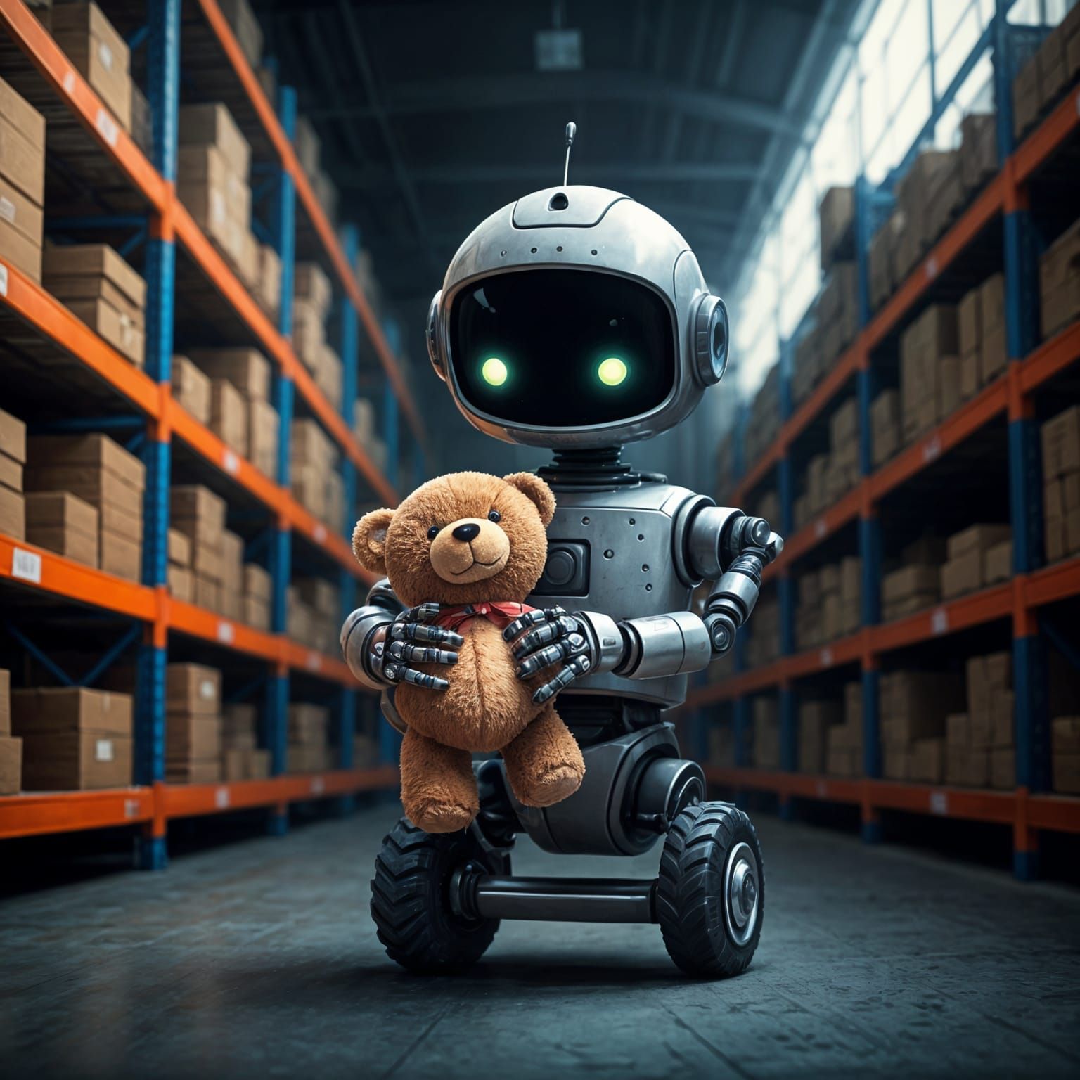 Adorable Robot with Teddy Bear in Warehouse