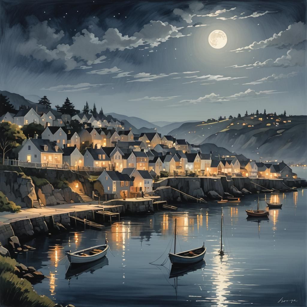Tranquil Coastal Town at Night: Digital Illustration