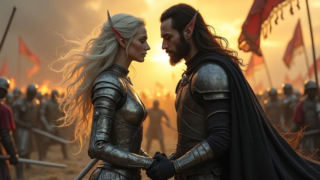 Elven Lovers Amidst Battle in Dramatic Lighting