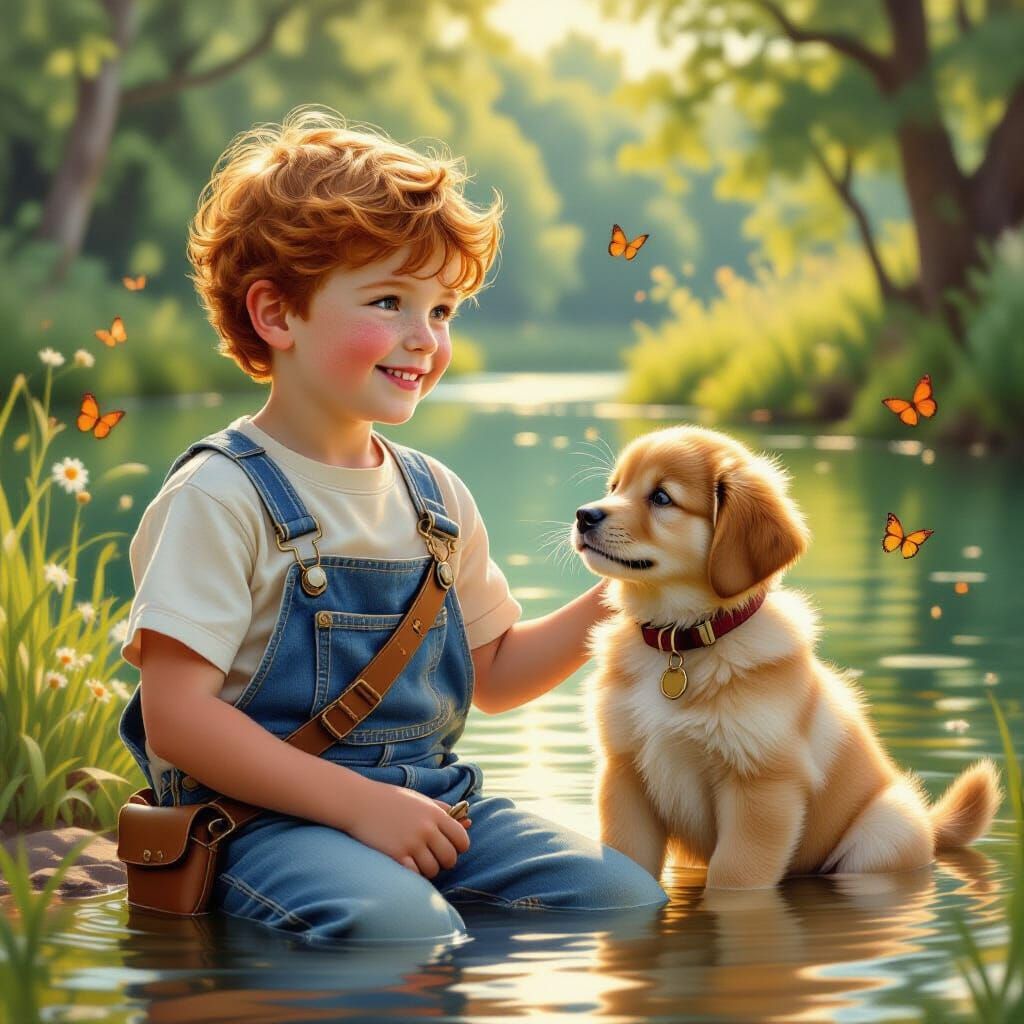 Boy and Puppy by Pond in Rockwell Style