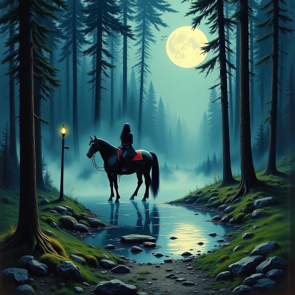 Moonlit Forest Horse Ride in Surrealist Style