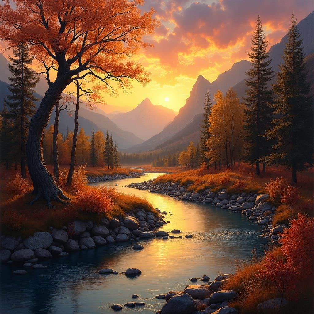 Surreal Landscape of Twisted Trees and Majestic Mountains un...