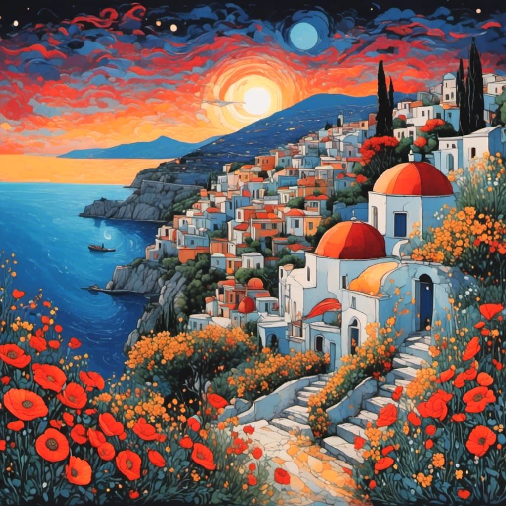 Greek Island Landscape at Night in Palekh Style