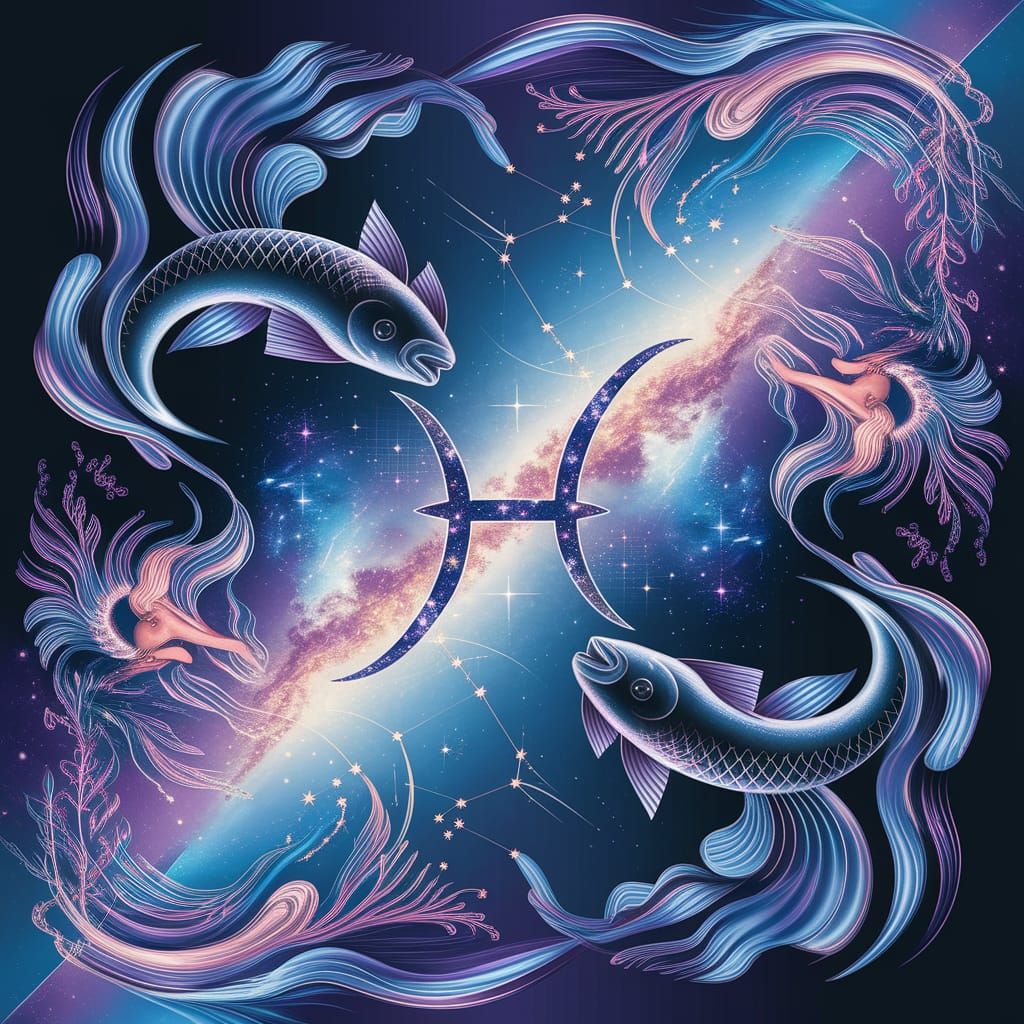 Surreal Pisces Zodiac in Cosmic Underwater Scene with Irides...