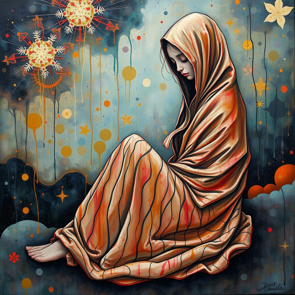 Enigmatic Figure Amidst Cosmic Textures in Dreamlike Landsca...