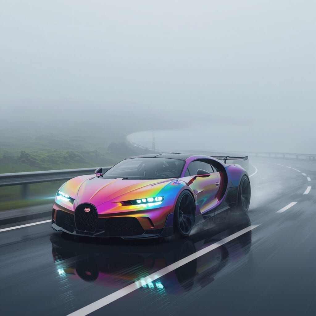 Rainbow Bugatti Speeding in Futuristic Style