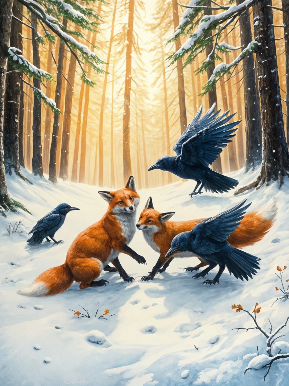 Ravens and Foxes Play in Snowy Forest, Gouache Style