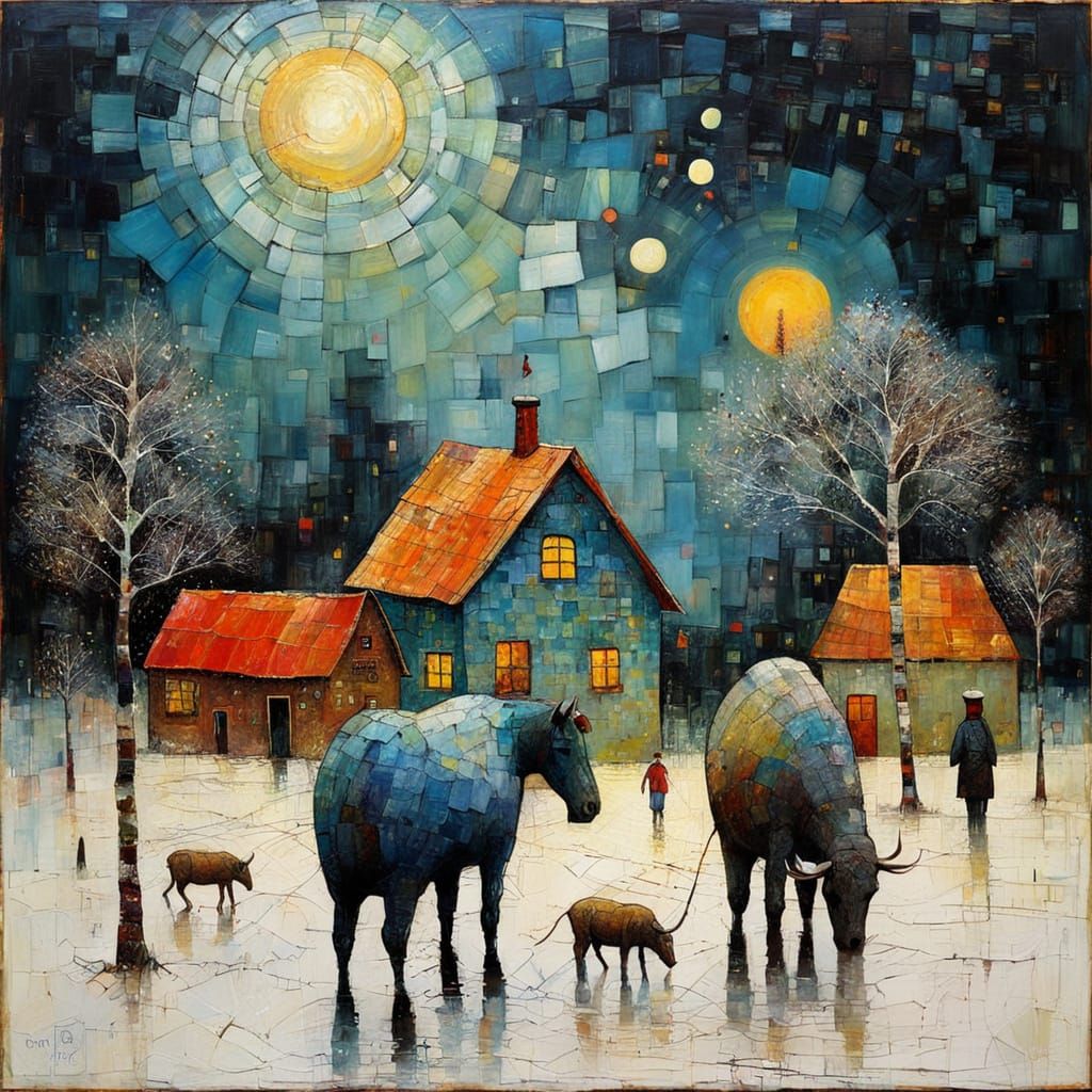 Primitive Naive Encaustic Painting in Hundertwasser Style