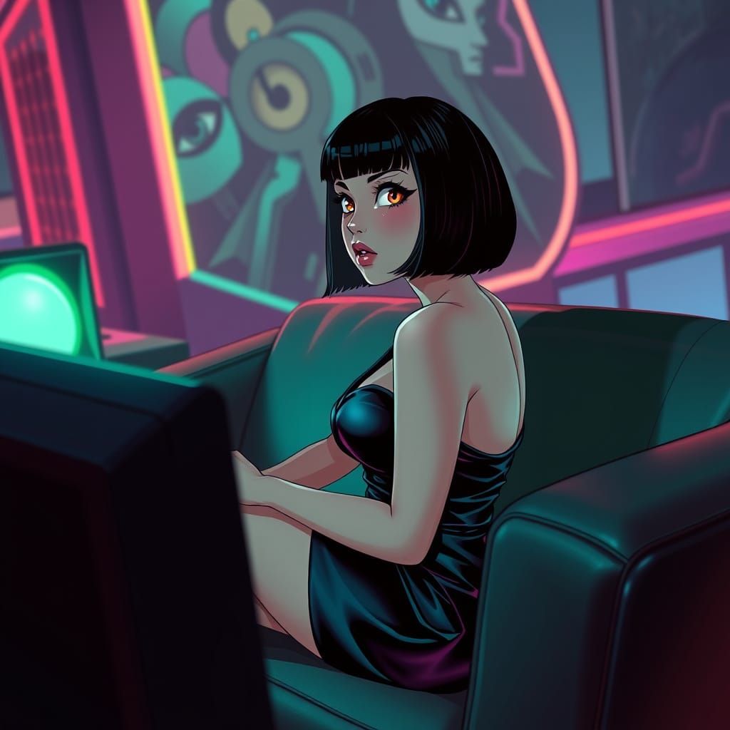 Anime Woman in Retro-Futuristic Synthwave Scene