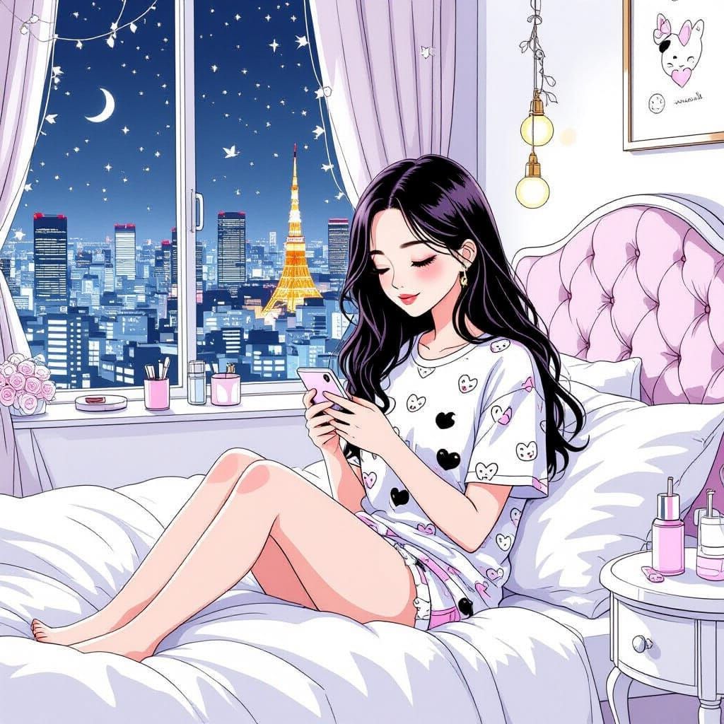 Kawaii Manga: Woman in Tokyo Apartment at Night