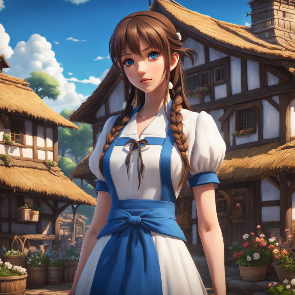Anime Girl in Blue Dress in Village