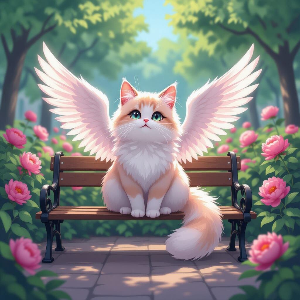 Pink Fluffy Cat with Wings in Peony Garden
