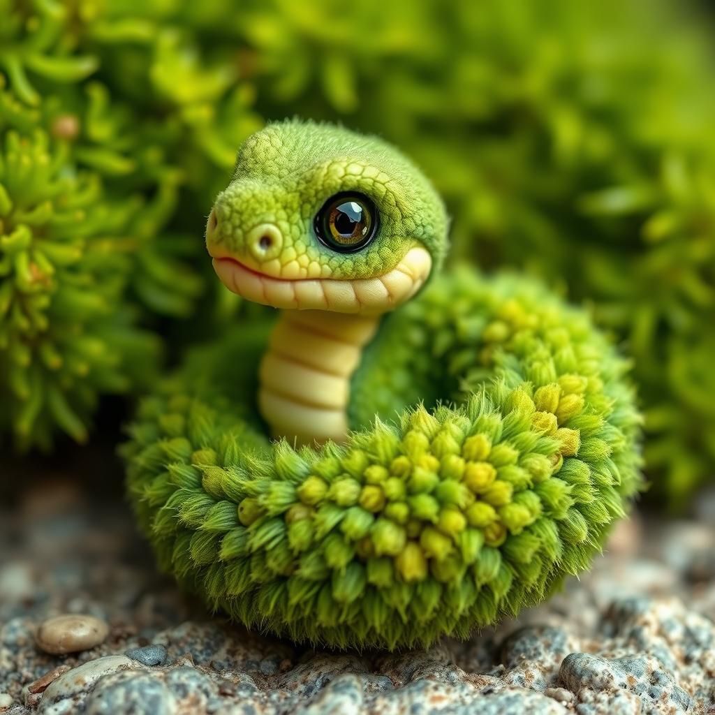 Adorable Baby Moss Snake with Fuzzy Green Scales
