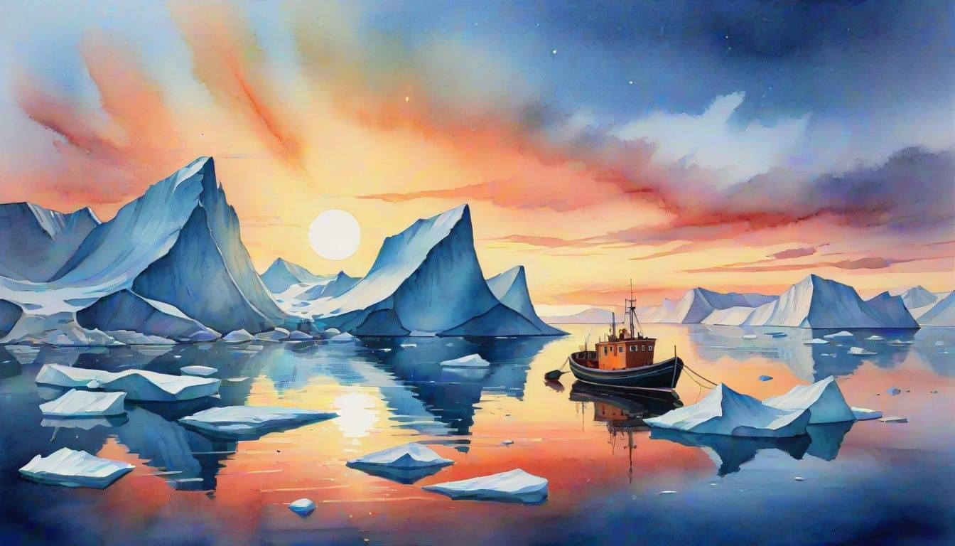 Glowing Greenland Sunset with Fisherman's Boat