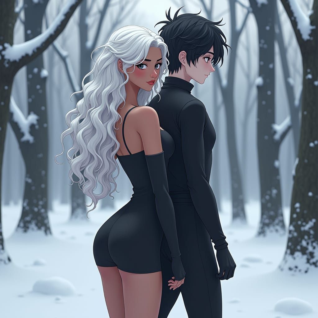 Girl with White Curls in Snowy Woods, Anime Style