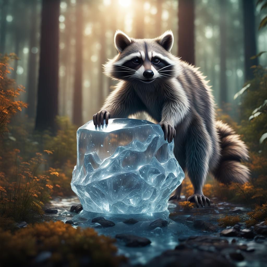 smooth clear ice sculpture of a racoon in a forest in late summer