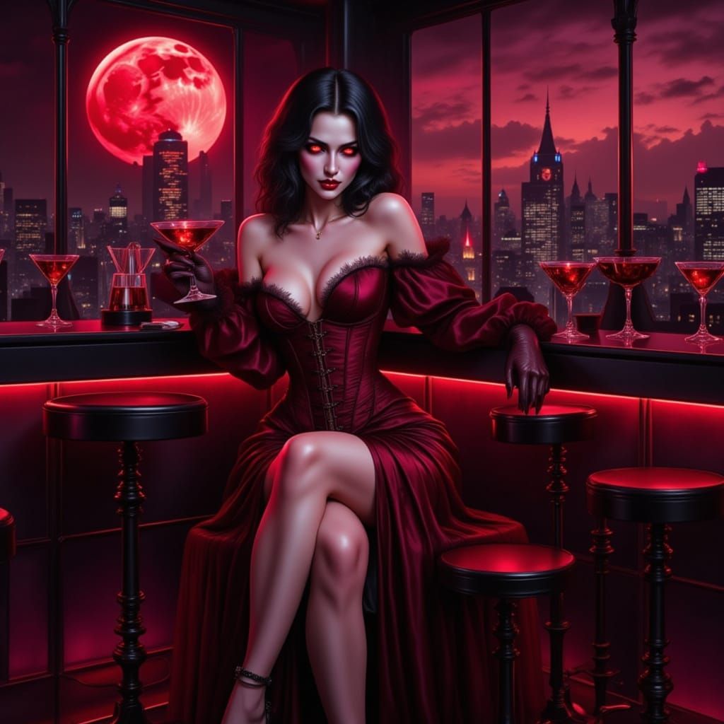 Vampiress at Neon Bar in Cyber-Noir Style