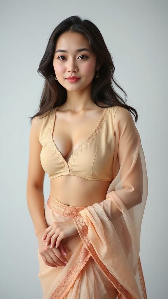 Elegant Korean Woman in Translucent Saree