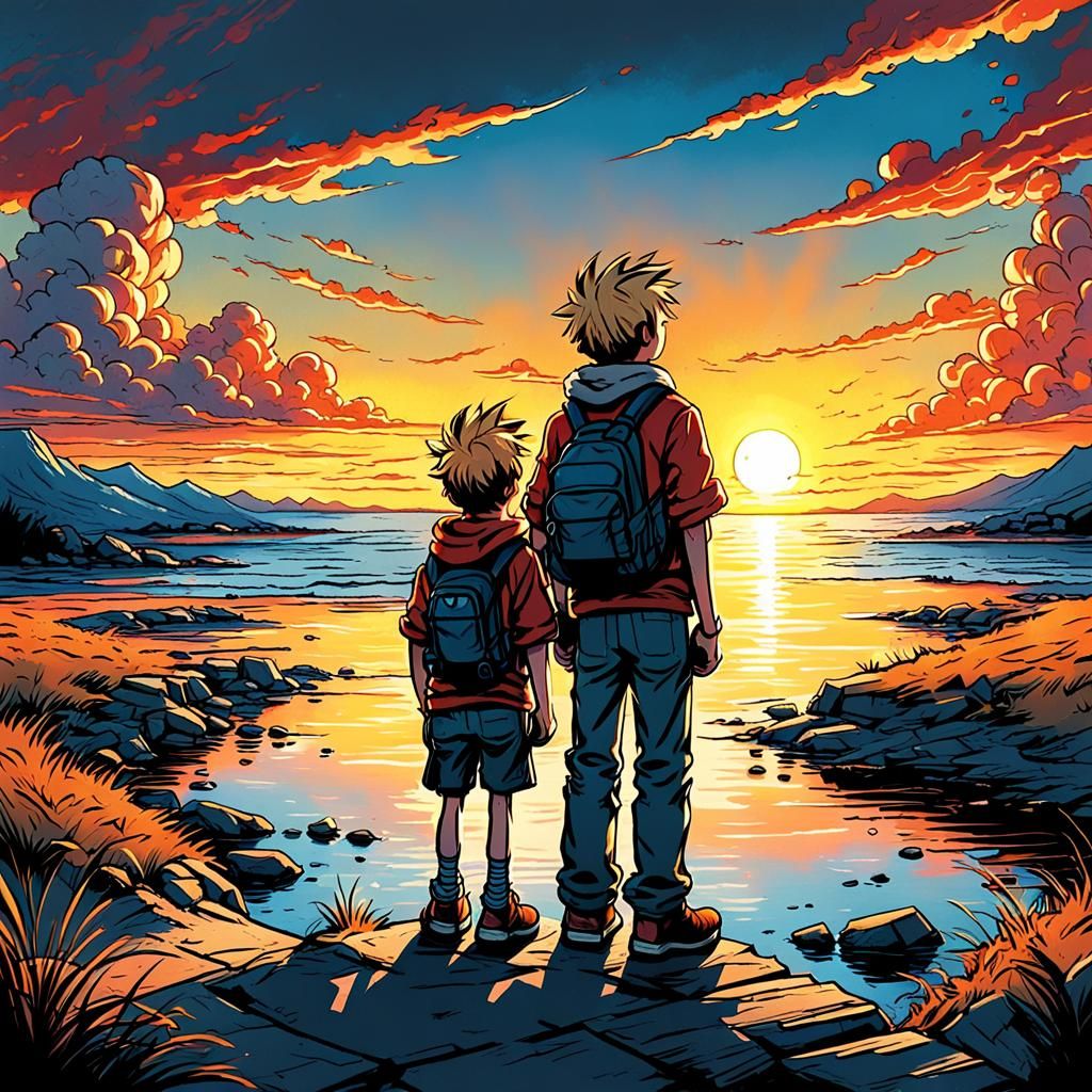 Cartoon Sunset Featuring Two Young Boys