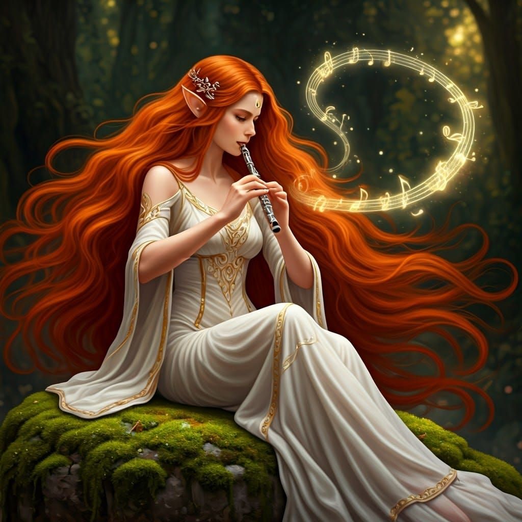 Elven Maiden's Flute Song in Lush Forest