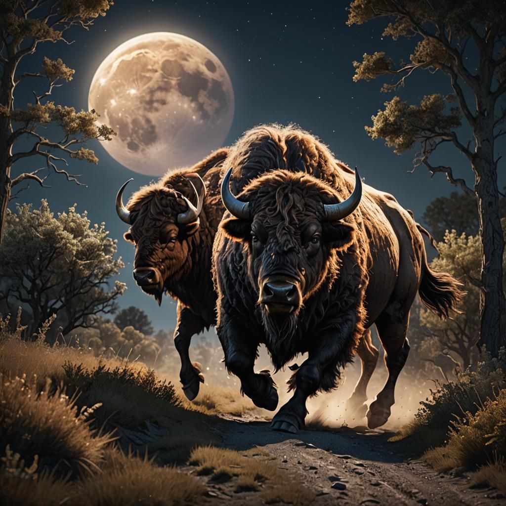 Epic Wisent Charges Under Full Moon: Photorealistic Render