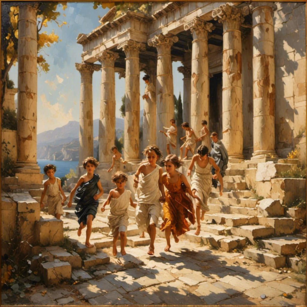 Greek Children Run by Athena's Temple as Impasto Painting
