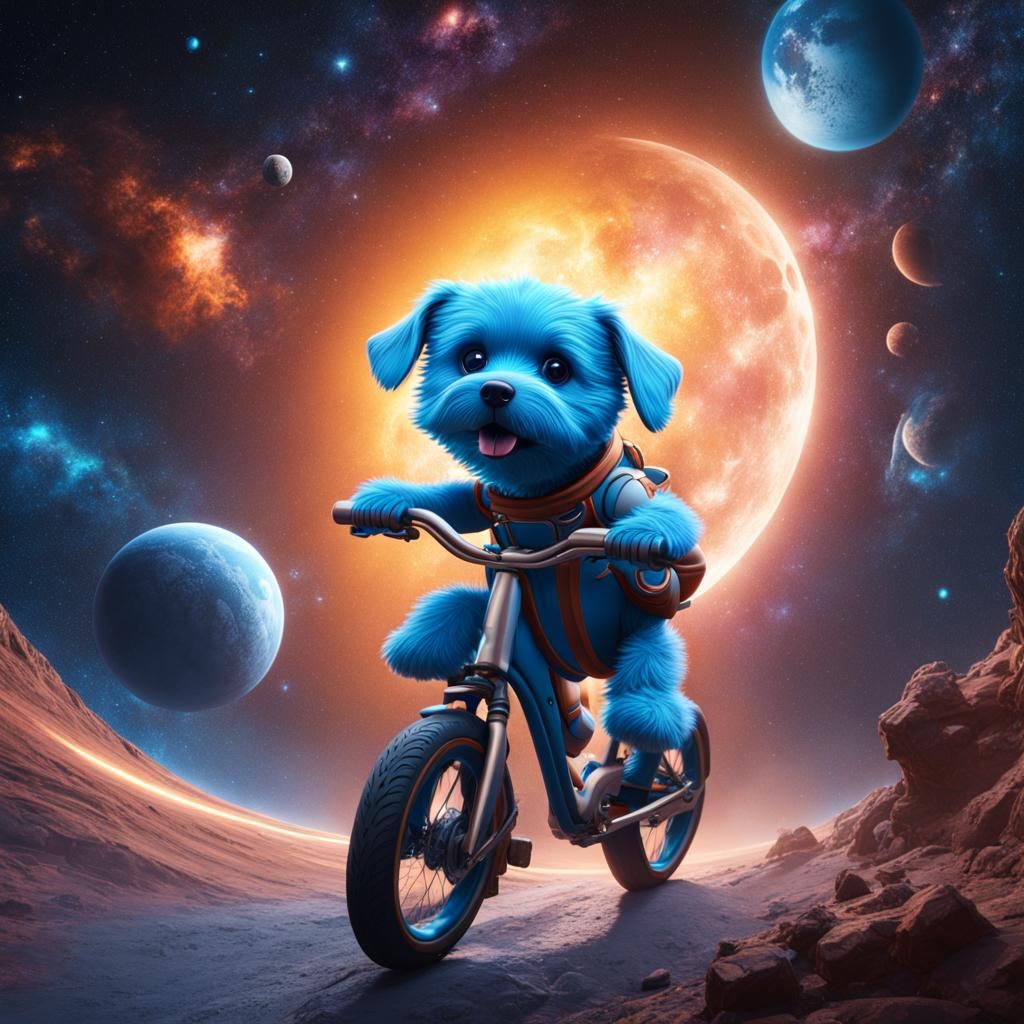 Blue Dog Rides Bike in Space: Fantasy Art