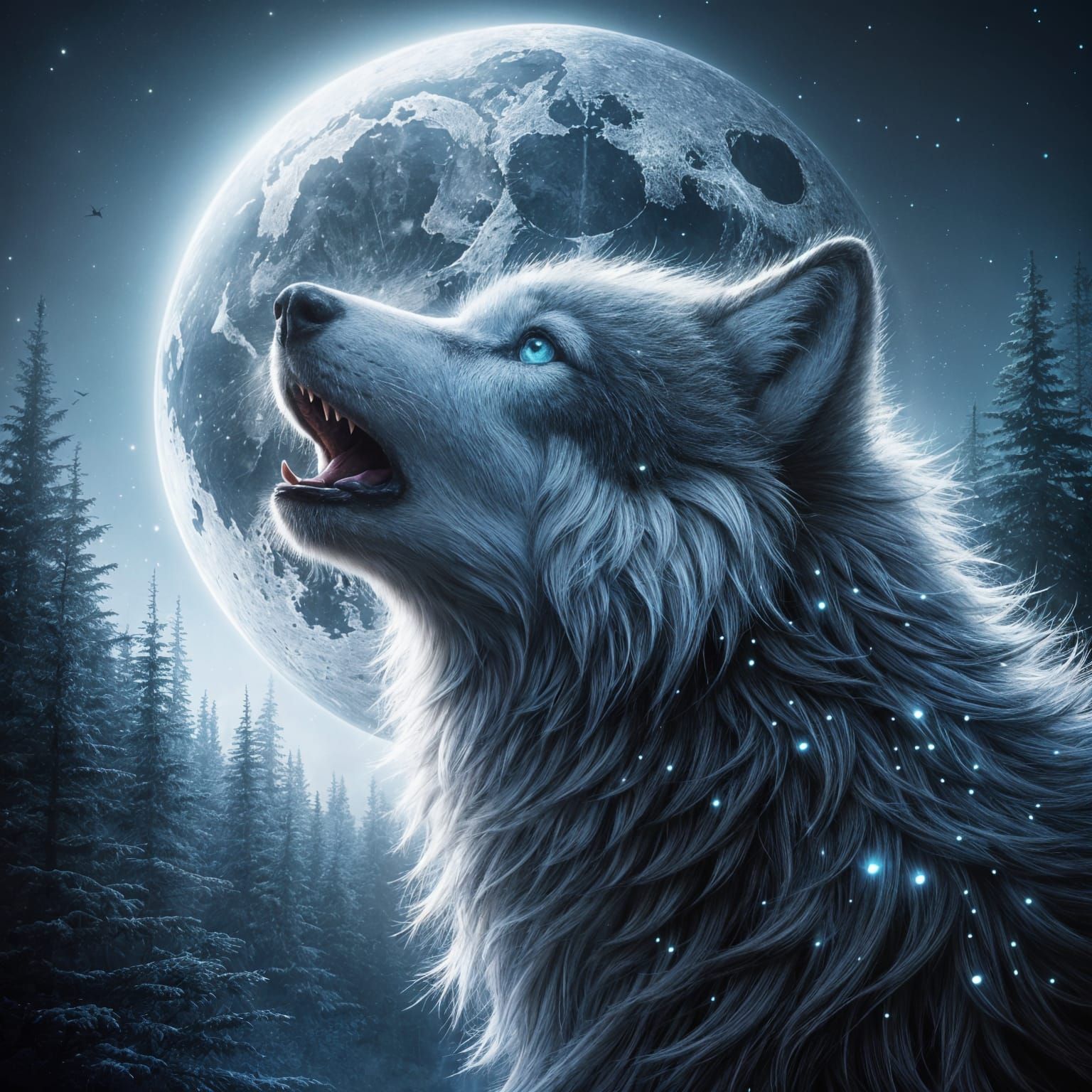 Realistic Blue-Eyed Wolf Howling at Moon