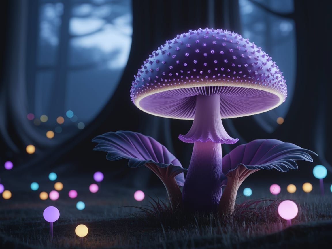 Mystical Forest with Glowing Mushroom at Night