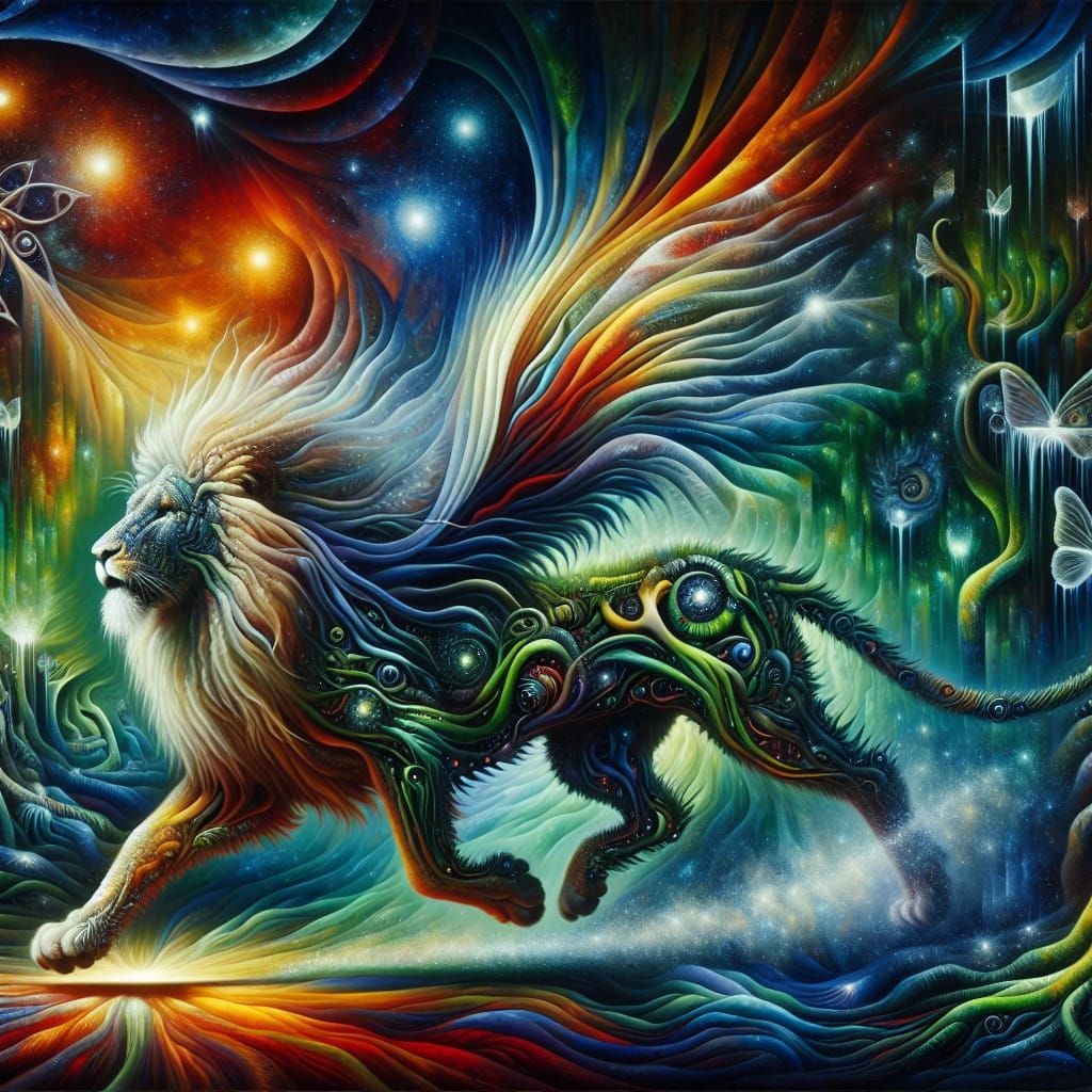 Lion and Fern Fusion in Surreal Biomechanical Forest