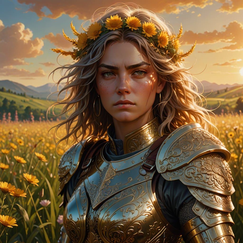 Vibrant Fantasy Warrior Woman in Golden Hour Light
