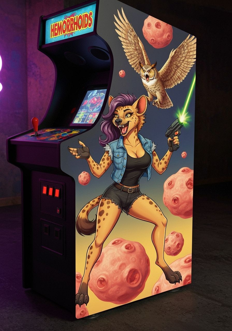 Retro Arcade Game Cabinet with She-Hyena and Owl