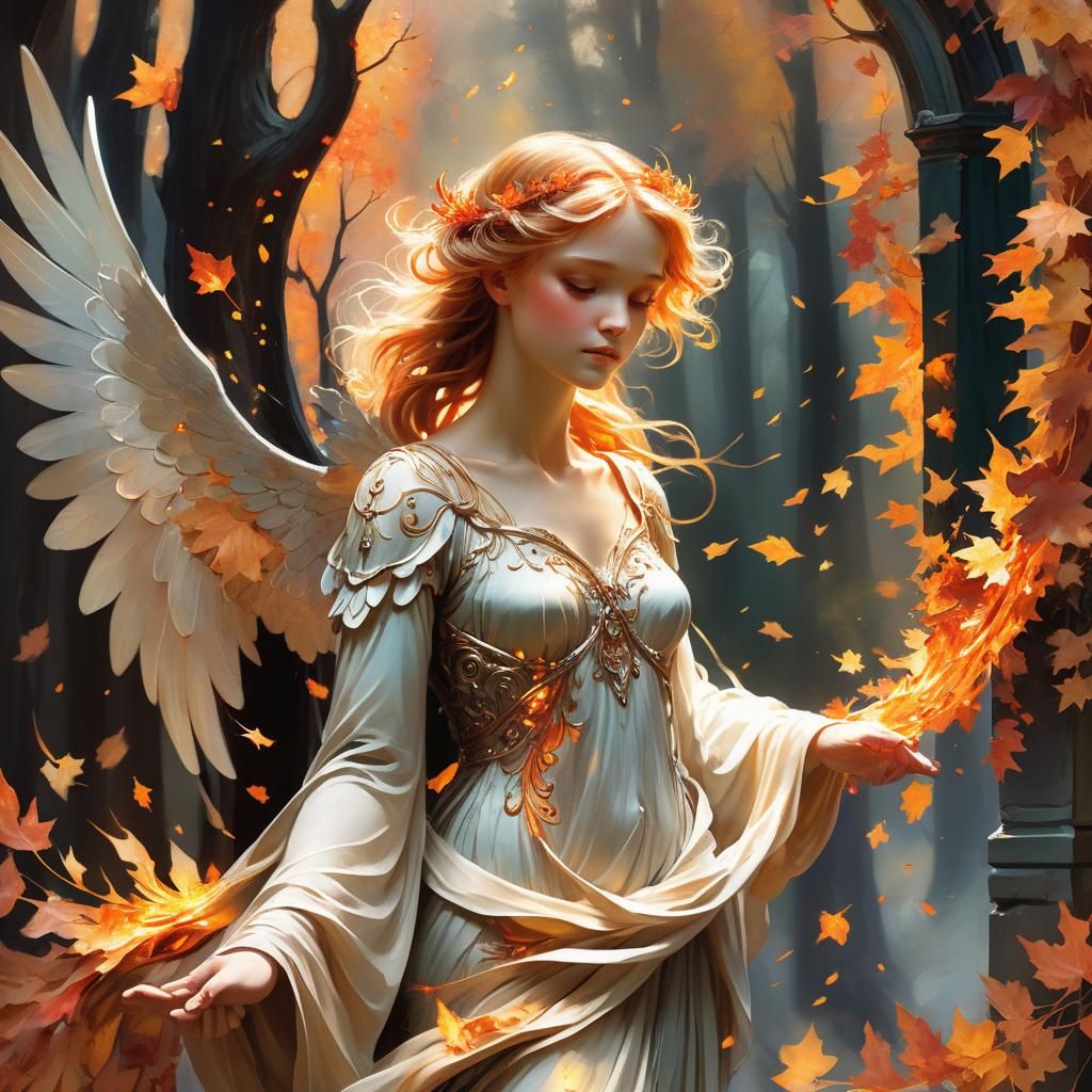 Sorrow Angel in Autumn Forest, Ethereal Art