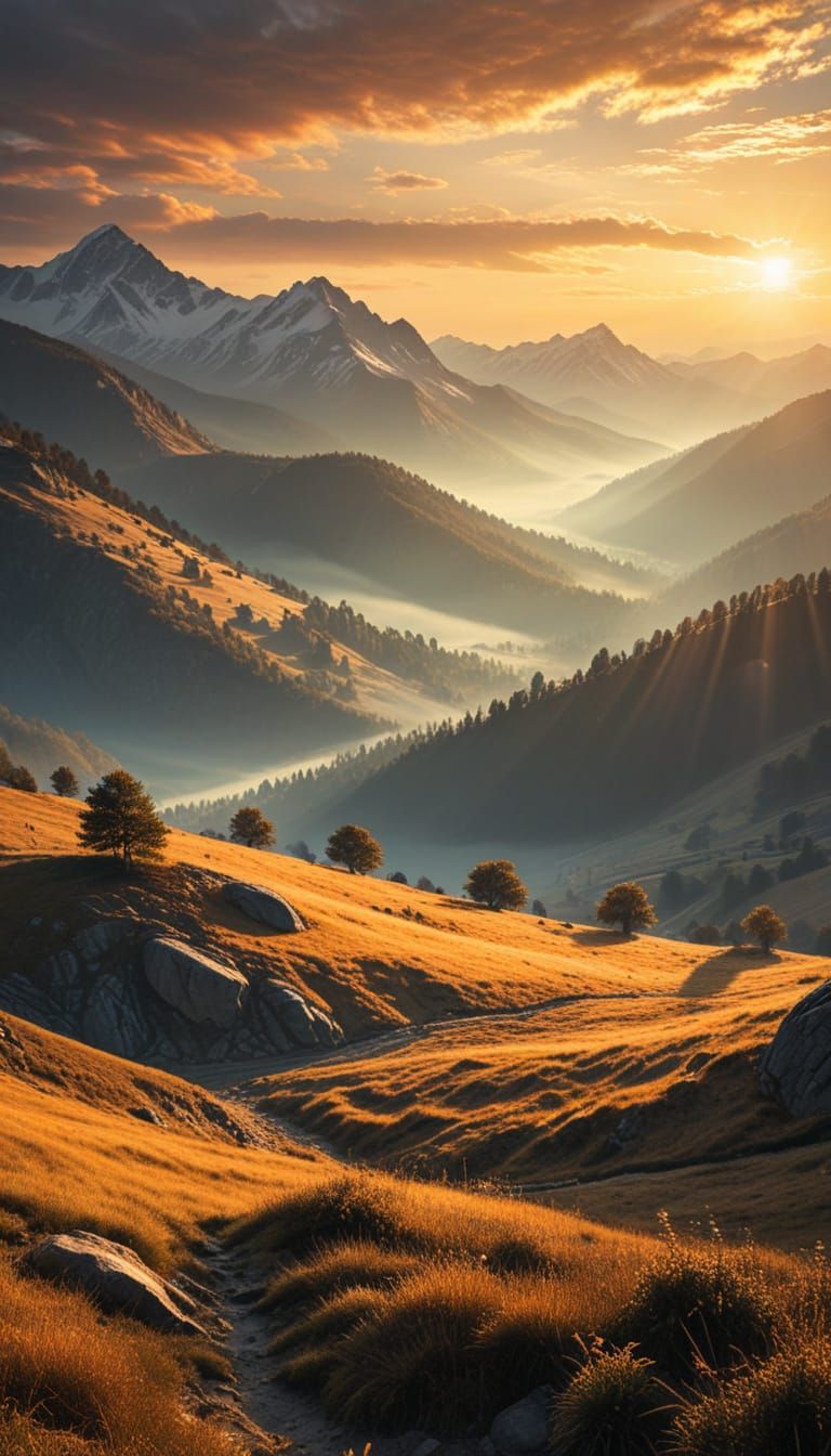Golden Sunset Over Misty Mountain Valley