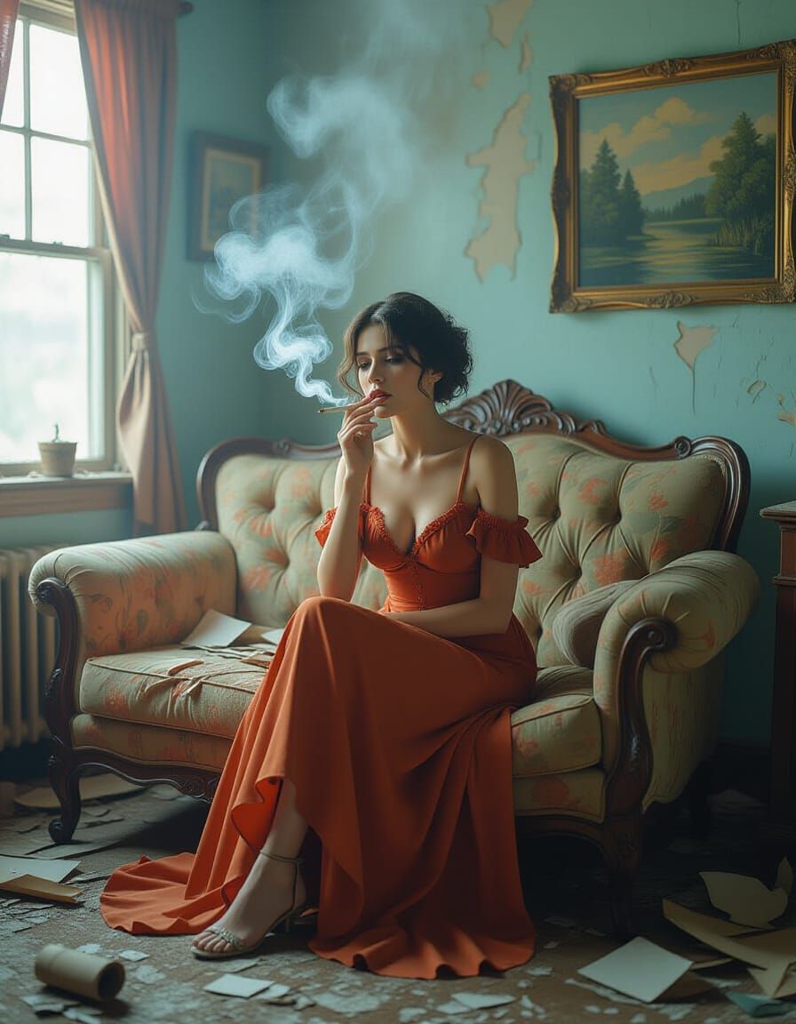 Woman in Ravaged Room Smoking, Hyperdetailed